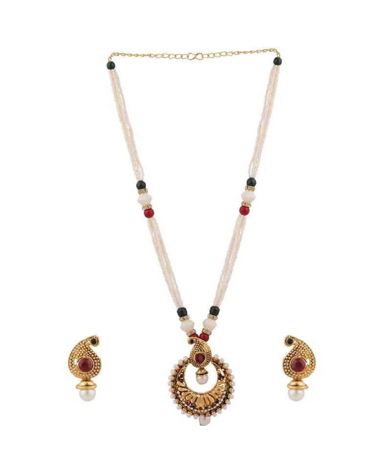 Gold Plated Antique Round Pendant Style Pearl And Stone Jewellery Set