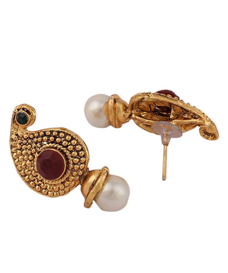 Gold Plated Antique Round Pendant Style Pearl And Stone Jewellery Set