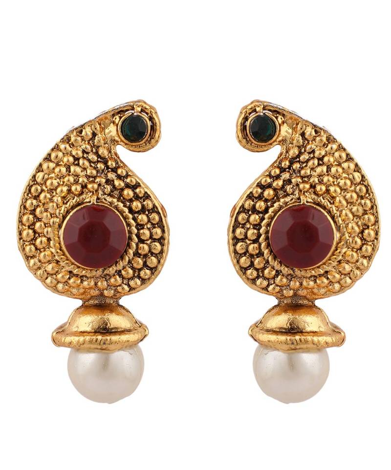 Gold Plated Antique Round Pendant Style Pearl And Stone Jewellery Set