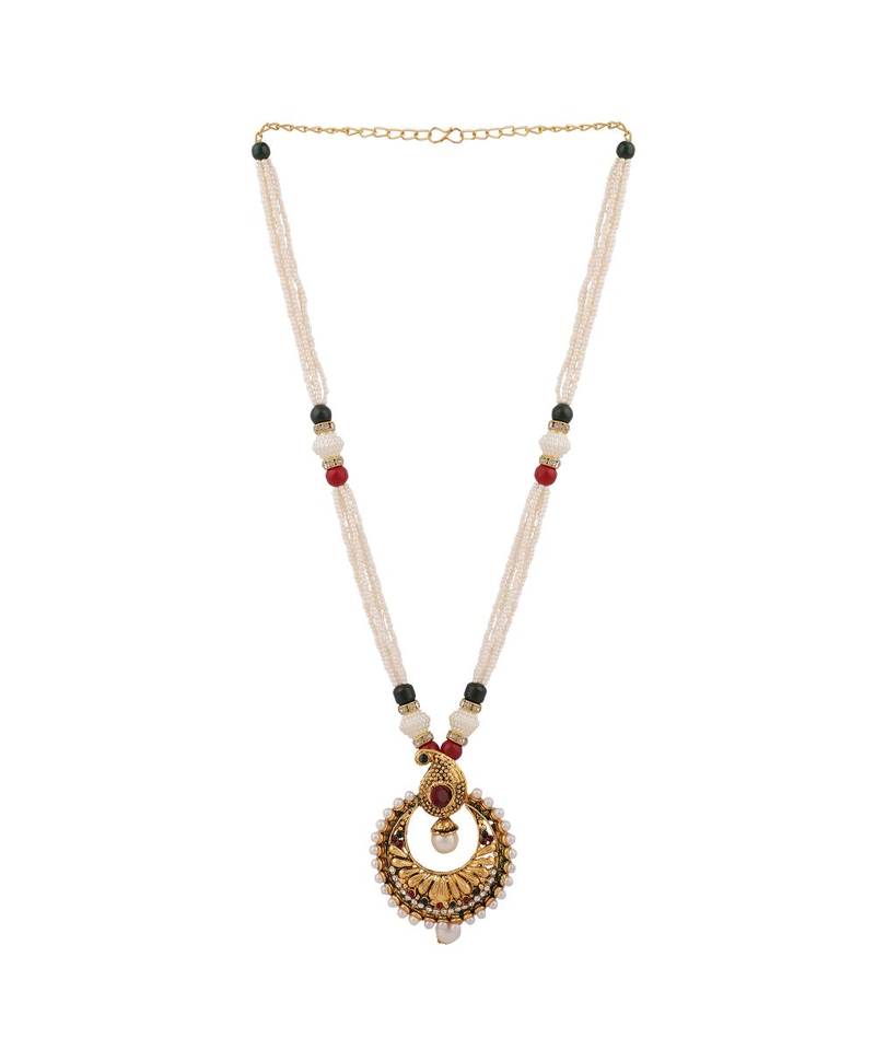 Gold Plated Antique Round Pendant Style Pearl And Stone Jewellery Set