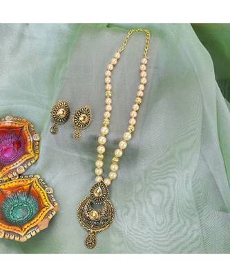 Antique Look Pendant Style Gold Plated Pearl Chain Necklace with Drop Earring 1
