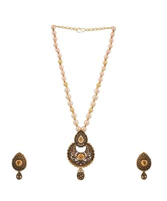 Antique Look Pendant Style Gold Plated Pearl Chain Necklace with Drop Earring 2