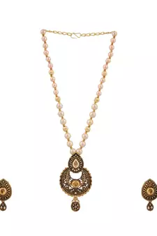 Antique Look Pendant Style Gold Plated Pearl Chain Necklace with Drop Earring