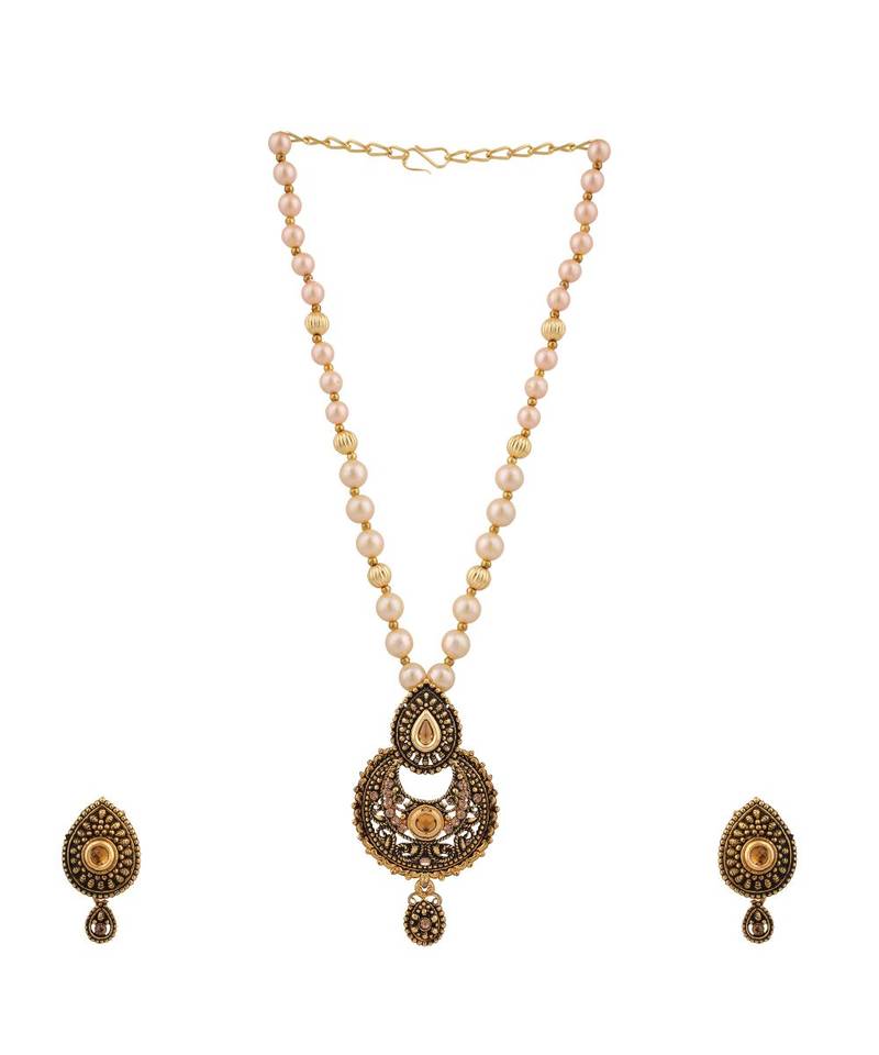 Antique Look Pendant Style Gold Plated Pearl Chain Necklace with Drop Earring