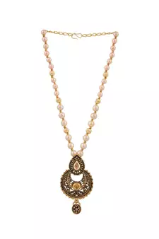 Antique Look Pendant Style Gold Plated Pearl Chain Necklace with Drop Earring