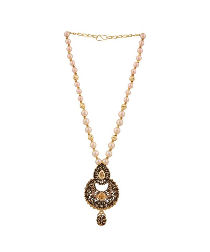 Antique Look Pendant Style Gold Plated Pearl Chain Necklace with Drop Earring