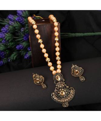 Gold Plated Antique Look Pendant Style Pearl Chain Necklace with Drop Earring 1