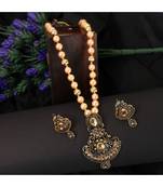 Gold Plated Antique Look Pendant Style Pearl Chain Necklace with Drop Earring