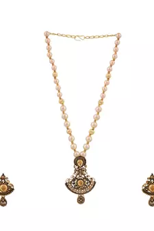 Gold Plated Antique Look Pendant Style Pearl Chain Necklace with Drop Earring