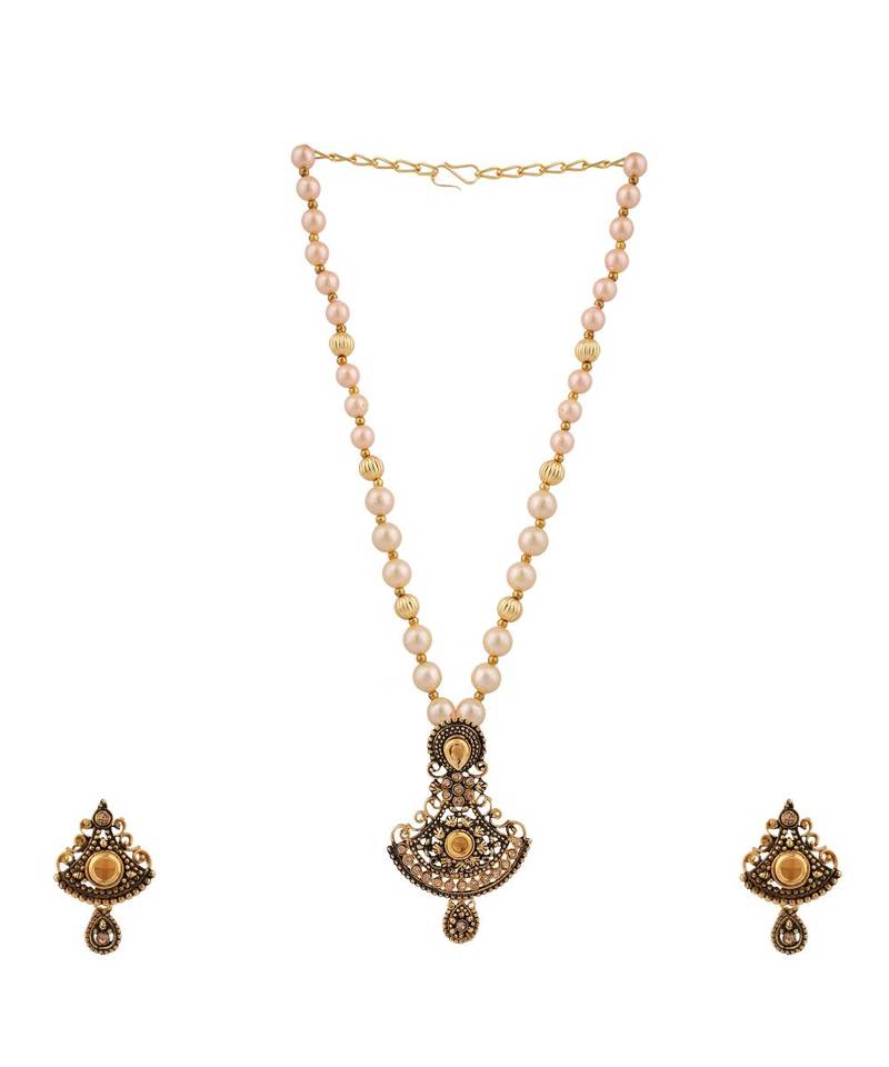 Gold Plated Antique Look Pendant Style Pearl Chain Necklace with Drop Earring