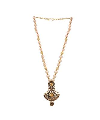 Gold Plated Antique Look Pendant Style Pearl Chain Necklace with Drop Earring 3