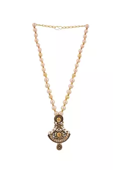 Gold Plated Antique Look Pendant Style Pearl Chain Necklace with Drop Earring