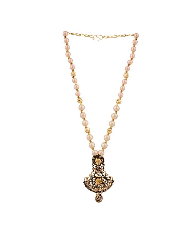 Gold Plated Antique Look Pendant Style Pearl Chain Necklace with Drop Earring