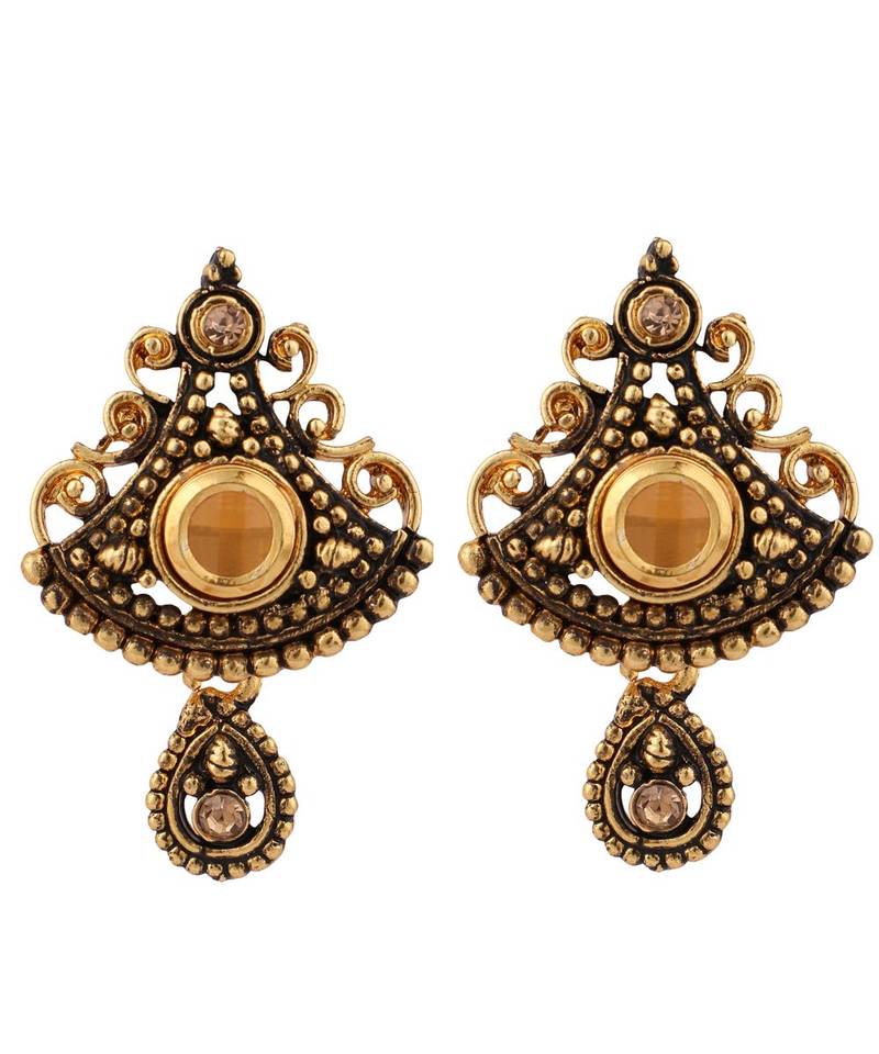 Gold Plated Antique Look Pendant Style Pearl Chain Necklace with Drop Earring