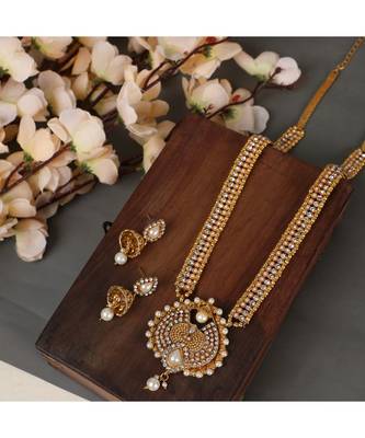 Gold Plated Designer Long 24K Gold Pearl and Stone studded South Indian Jewellery 1