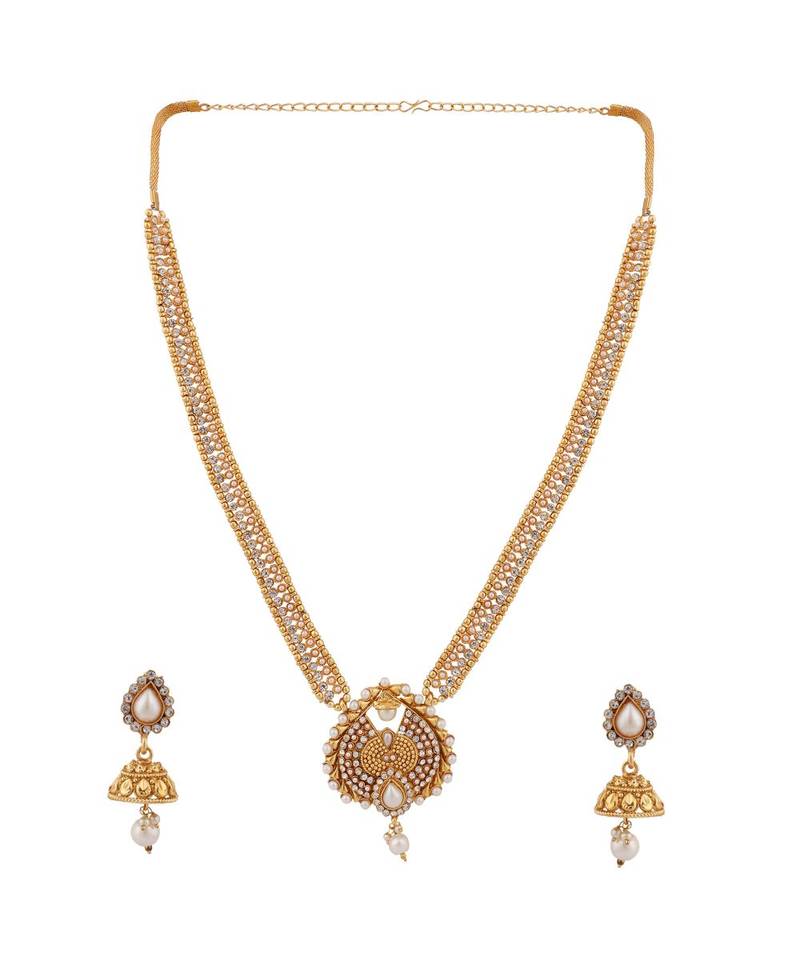 Gold Plated Designer Long 24K Gold Pearl and Stone studded South Indian Jewellery