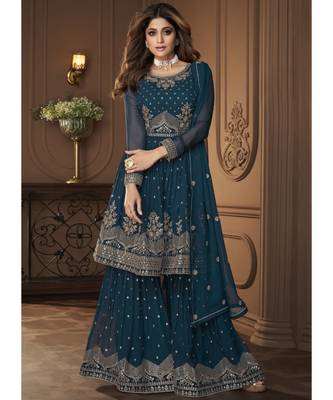 Shamita Shetty Blue and Gold Embroidered Gharara Suit 1