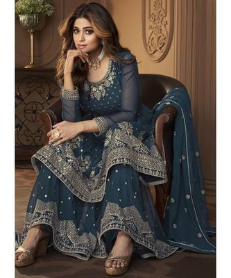 Shamita Shetty Blue and Gold Embroidered Gharara Suit 2