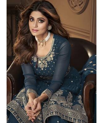 Shamita Shetty Blue and Gold Embroidered Gharara Suit 3