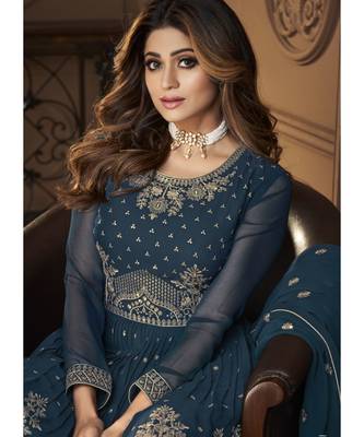Shamita Shetty Blue and Gold Embroidered Gharara Suit 4