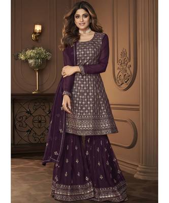 Shamita Shetty Purple and Gold Embroidered Gharara Suit 1