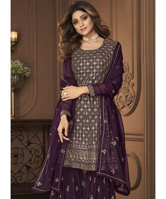 Shamita Shetty Purple and Gold Embroidered Gharara Suit 2