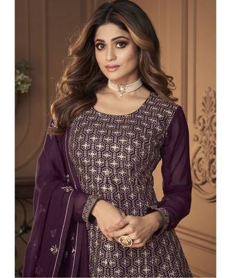 Shamita Shetty Purple and Gold Embroidered Gharara Suit 3