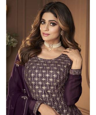 Shamita Shetty Purple and Gold Embroidered Gharara Suit 4