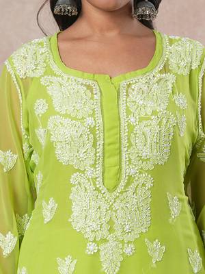 Hand Embroidered Green Georgette Lucknowi Chikan Women Kurta With Slip 6
