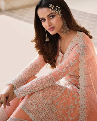 Peach embroidered net salwar 2