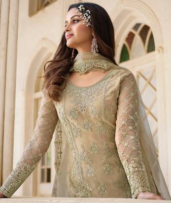 Beige embroidered net salwar 2