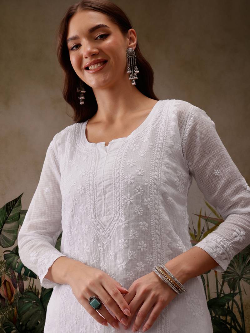 Hand Embroidered White Kota Lucknowi Chikankari Kurta With Slip