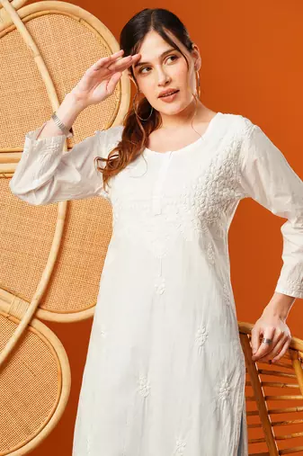 Hand Embroidered White Cotton Lucknowi Chikankari Women Kurta