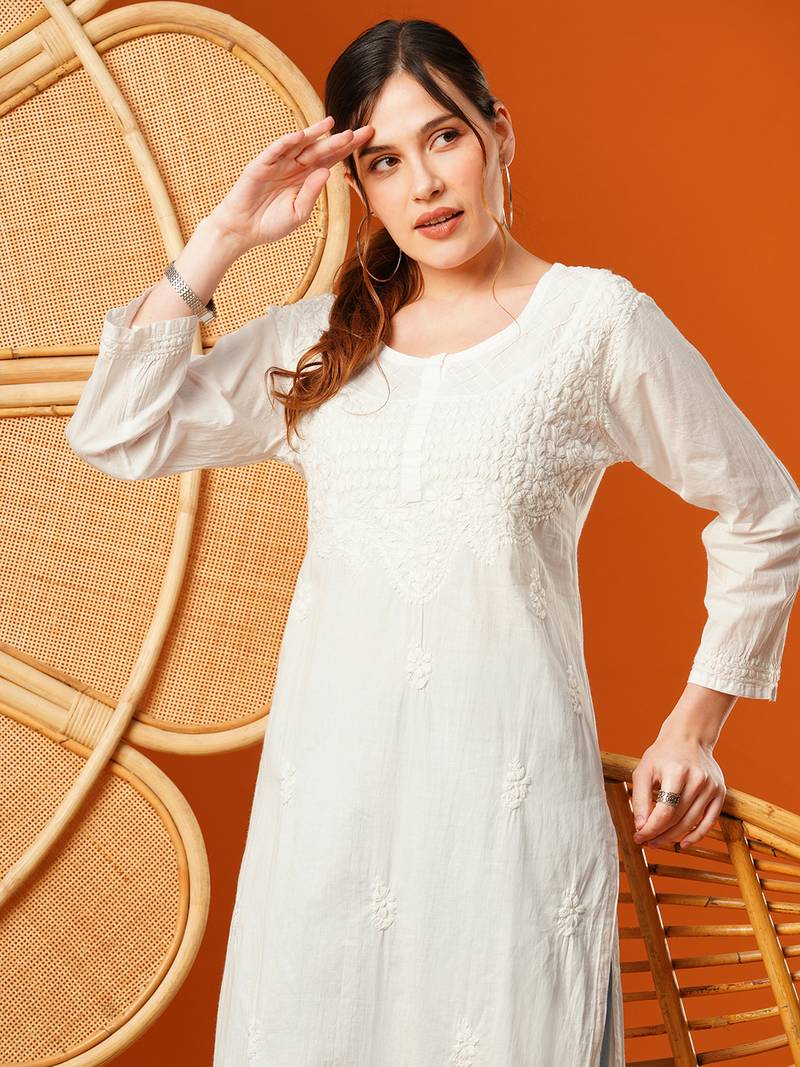 Hand Embroidered White Cotton Lucknowi Chikankari Women Kurta