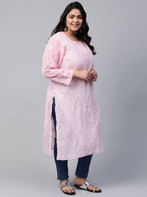 Hand Crafted Baby Pink Georgette Lucknowi Chikankari Indian Women Kurta 7