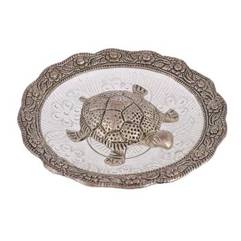 Metal Feng Shui Tortoise On Plate Showpiece for Good Luck Turtle Vastu Gift for Career and Luck Home Decoration(Sliver) 1