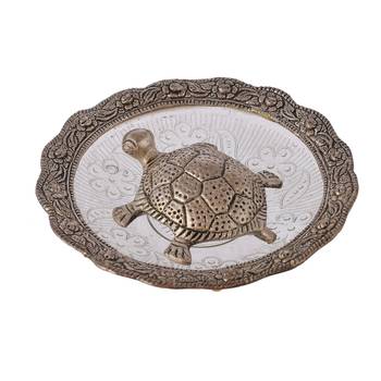 Metal Feng Shui Tortoise On Plate Showpiece for Good Luck Turtle Vastu Gift for Career and Luck Home Decoration(Sliver) 2