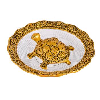 Metal Feng Shui Tortoise On Plate Showpiece for Good Luck Turtle Vastu Gift for Career and Luck Home Decoration(Gold) 1