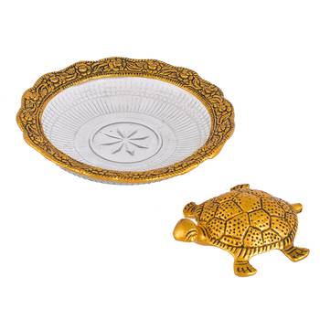 Metal Feng Shui Tortoise On Plate Showpiece for Good Luck Turtle Vastu Gift for Career and Luck Home Decoration(Gold) 2