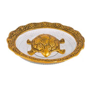 Metal Feng Shui Tortoise On Plate Showpiece for Good Luck Turtle Vastu Gift for Career and Luck Home Decoration(Gold) 3