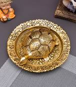 Metal Kachua Tortoise Turtle on Gold Metal Plate with Golden Border Vastu Yantra Feng Shui