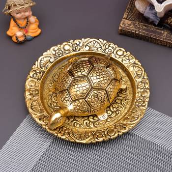 Metal Feng Shui Tortoise On Plate Showpiece for Good Luck Turtle Vastu Gift for Career and Luck Home Decoration(Gold) 5