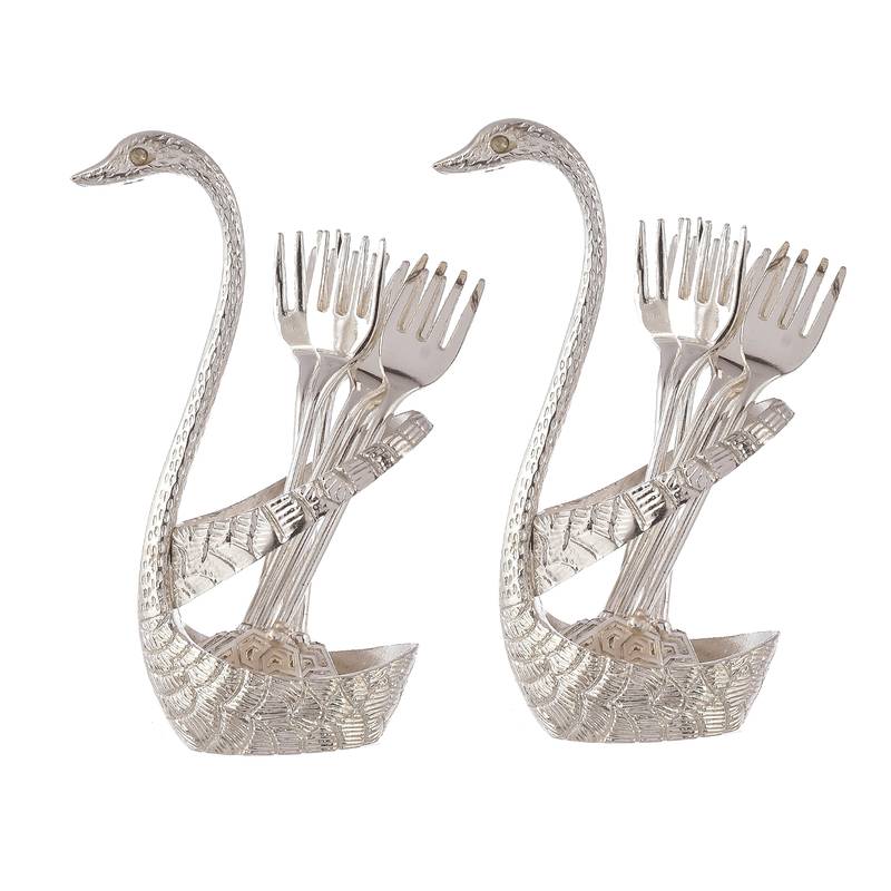 Great Art Metal Swan (Duck) Sliver Spoon Stand for Dining Table 12 Pc Fork and Spoon Set with Stand