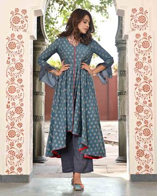 High Low Chanderi Kurti Set With Piping Detail 1