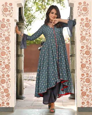High Low Chanderi Kurti Set With Piping Detail 2