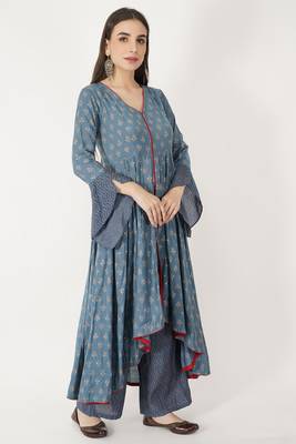 High Low Chanderi Kurti Set With Piping Detail 3