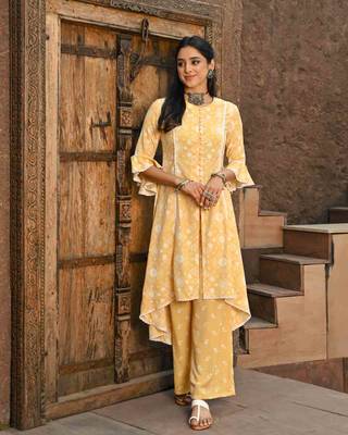 High Low Chanderi Lace Work Chanderi Kurti Set 1