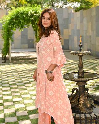 High Low Chanderi Lace Work Chanderi Kurti Set 2