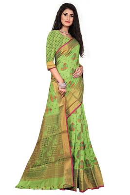 Green woven chanderi saree with blouse 4