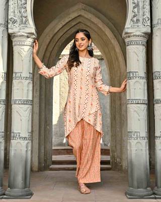 High Low Foil Printed Chanderi Kurti Set 1